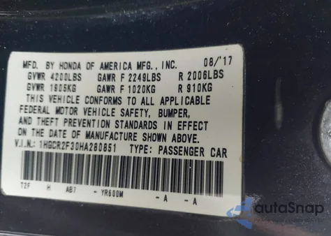 2017 Honda Accord Lx z USA, uszkodzony, nr VIN 1HGCR2F30HA280851